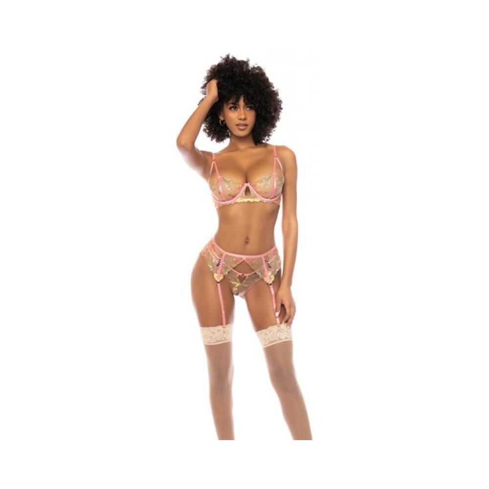 Floral Embroidered Underwire Bralette W/garter & Thong Panty Pink Small