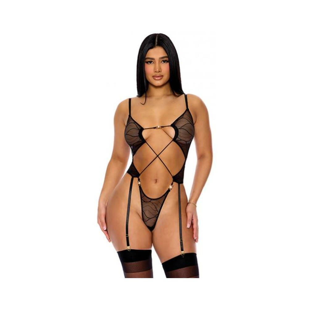 Pull My Strings Sheer Mesh Teddy W/garters & Faux Pearl Details - Black Lg