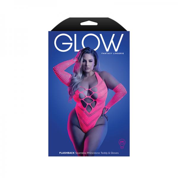 Glow Flashback Black Light Reactive Rhinestone Teddy W/gloves (or Leg Warmers) - Neon Pink Qn
