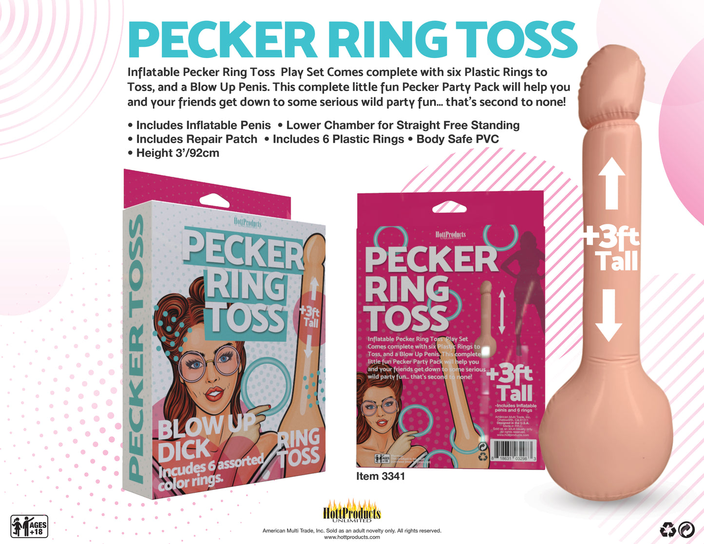 Inflatable Pecker Ring Toss - 3'. 6 Assorted Color Rings Included.