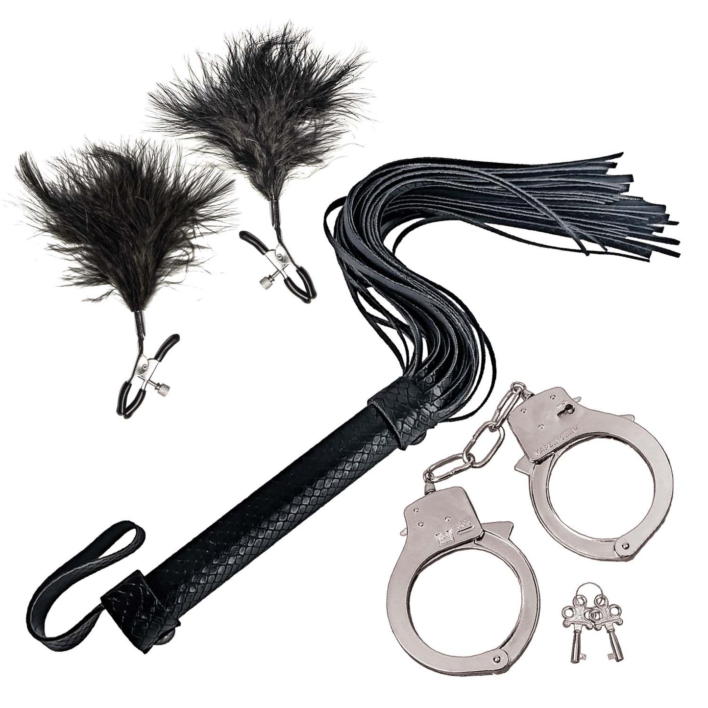 Bondage By Nasstoys Whip, Feather And Cuffs Black