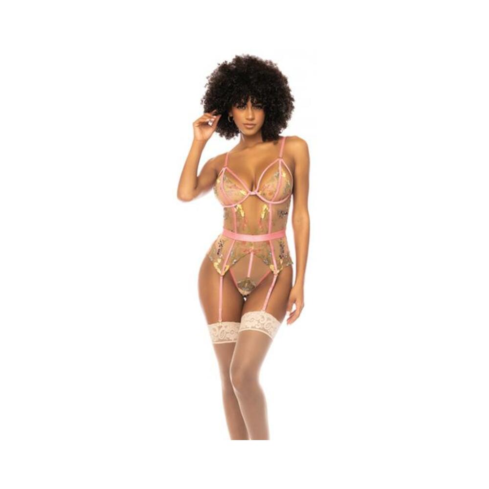 Floral Embroidered Teddy W/underwire Cup & Garters Pink X-large