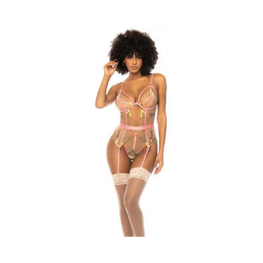 Floral Embroidered Teddy W/underwire Cup & Garters Pink X-large