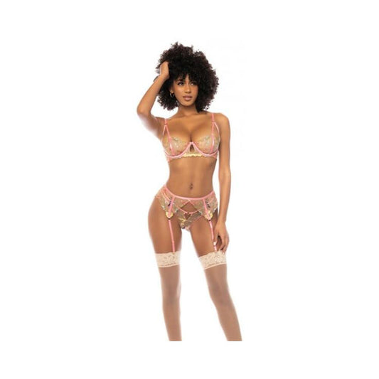 Floral Embroidered Underwire Bralette W/garter & Thong Panty Pink Small