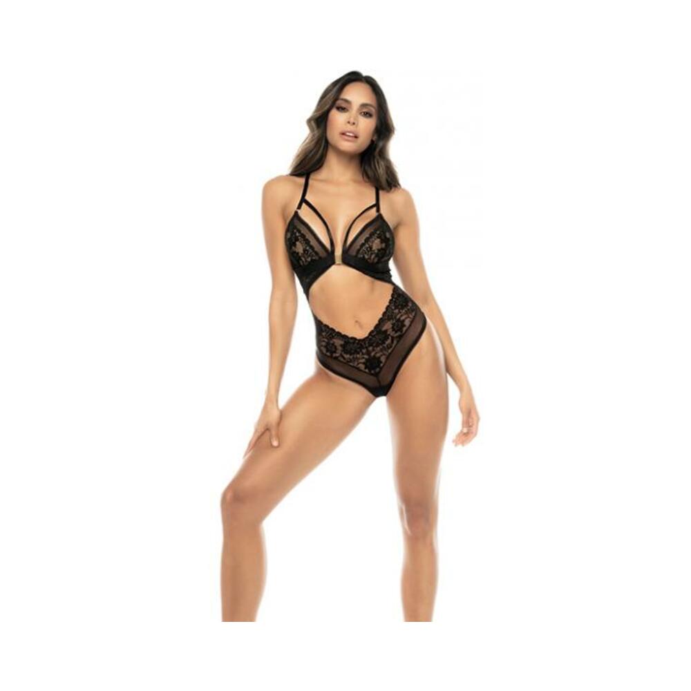 Lace & Mesh Teddy W/front Clasp & Lace Up Back Black S/m