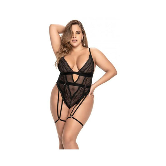 Sheer Mesh & Animal Pattern Lace Teddy W/garter Belt & Adjustable Crotch Closure Black 2x/3x