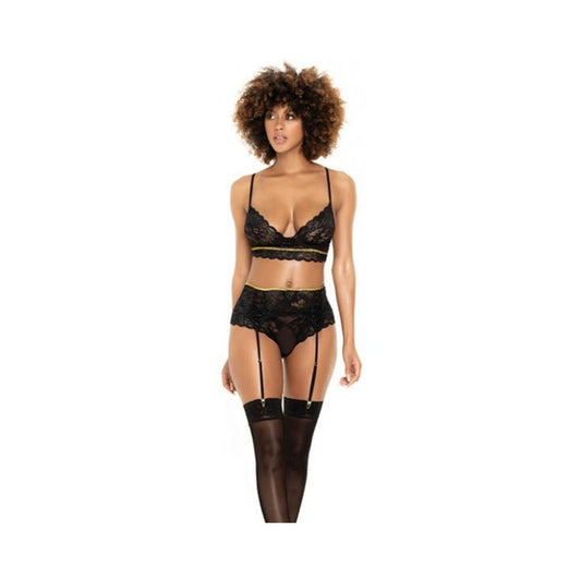 Lace Underwire Bra, Thong & Garterbelt W/lace Up Detail Black M/l