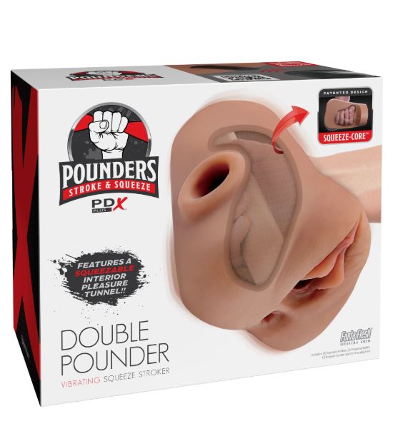 PDX Plus Double Pounder Vibrating Squeeze Stroker - Brown