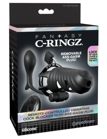 Fantasy C-Ringz Remote Controlled Vibrating Cock Blocker w/Ass-Gasam Plug - Black