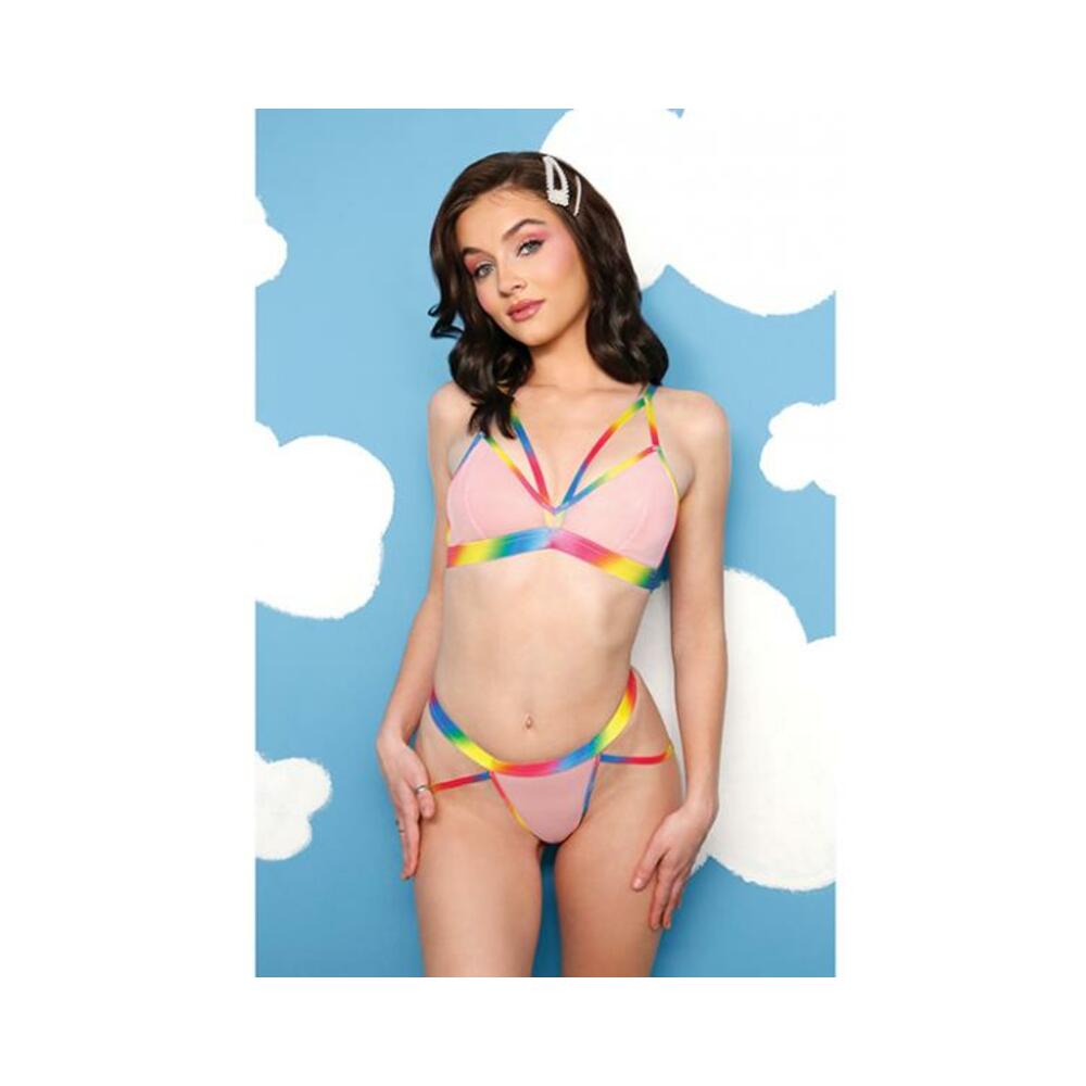 Vibes Make It Rain Caged Bralette & Panty W/booty Rainbow S/m