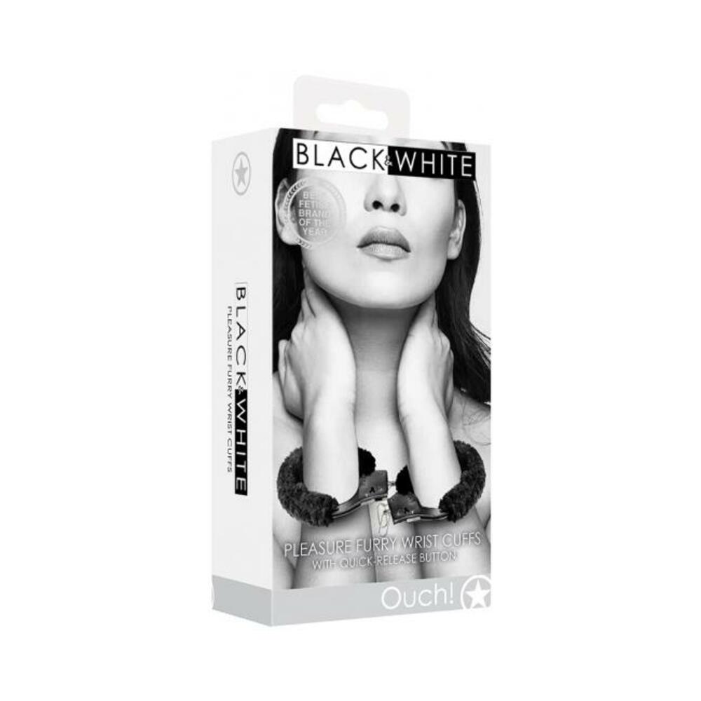 Ouch! Black & White Beginner Pleasure Furry Wrist Cuffs With Quick-release Button