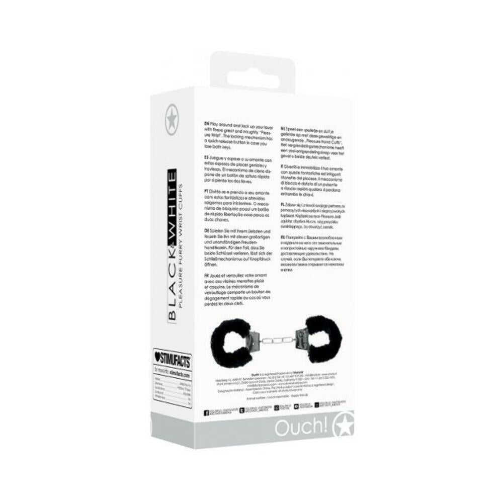 Ouch! Black & White Beginner Pleasure Furry Wrist Cuffs With Quick-release Button