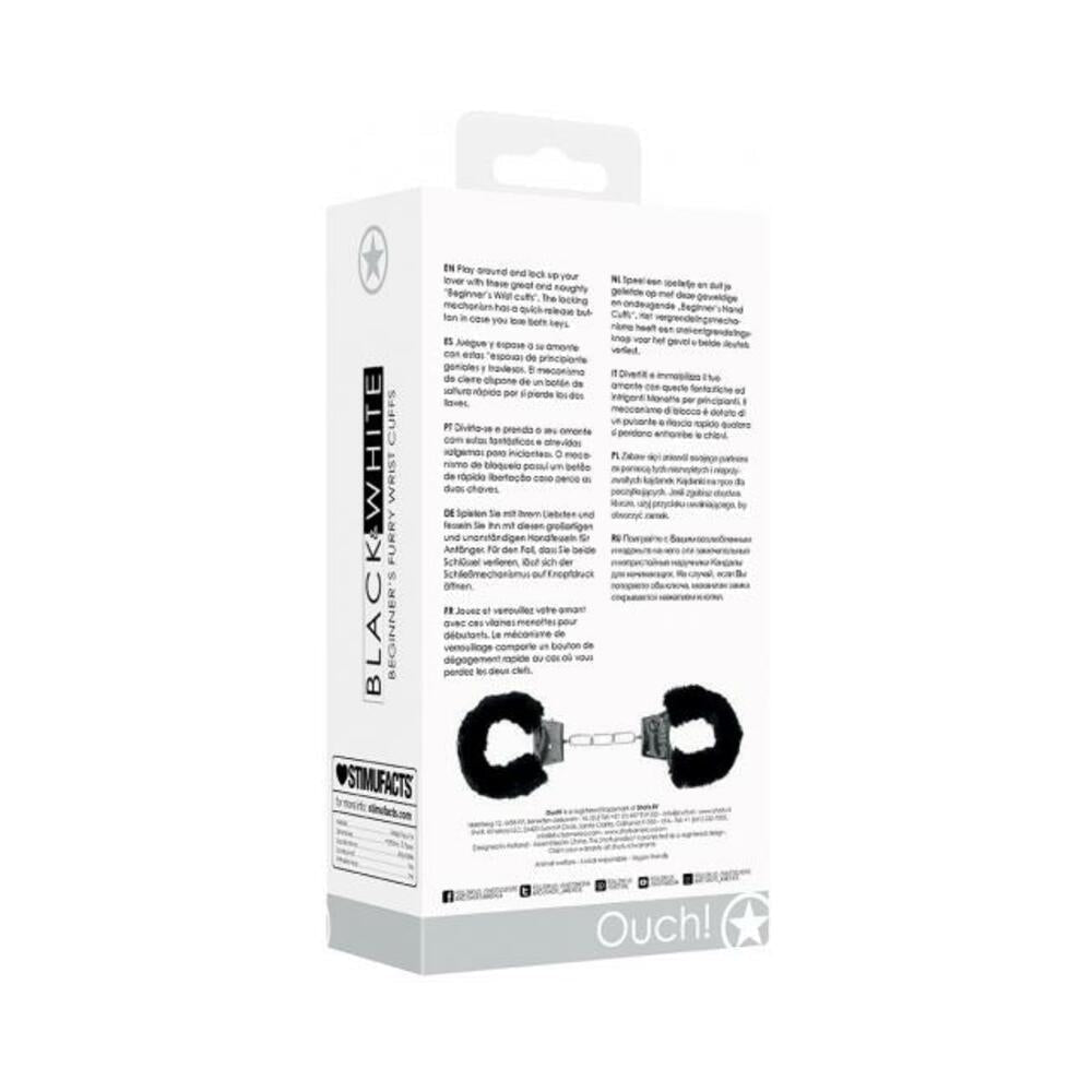 Ouch! Black & White Pleasure Furry Handcuffs With Quick-release Button