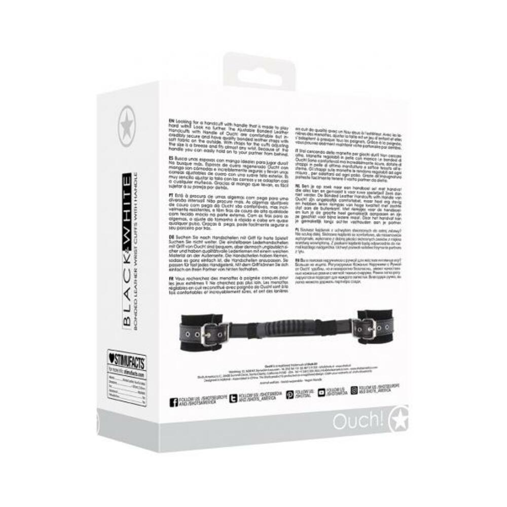 Ouch! Black & White Bonded Leather Hand Cuffs With Handle With Adjustable Straps Black