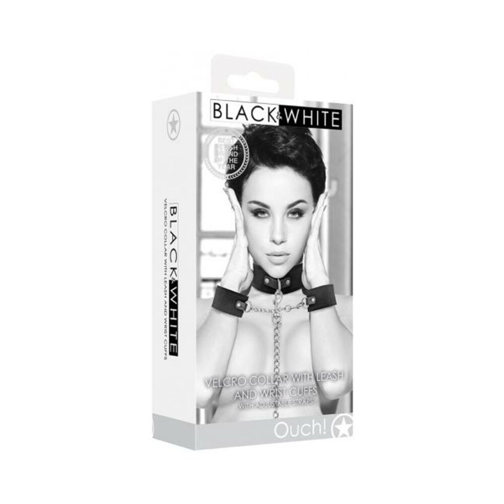Ouch! Black & White Velcro Collar With Leash And Wrist Cuffs With Adjustable Straps Black