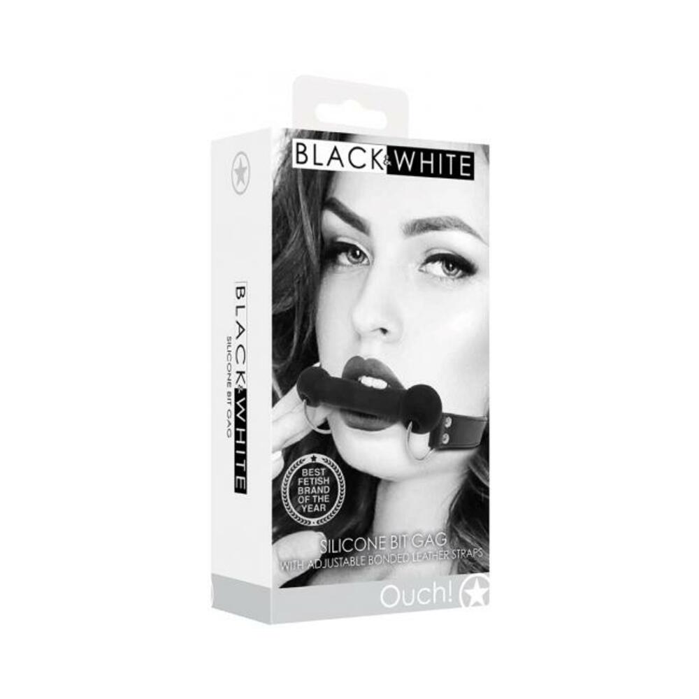 Ouch! Black & White Silicone Bit Gag With Adjustable Bonded Leather Straps Black