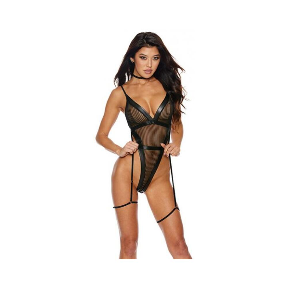 Mesh & Stretch Faux Leather Teddy W/garters - Black Xl