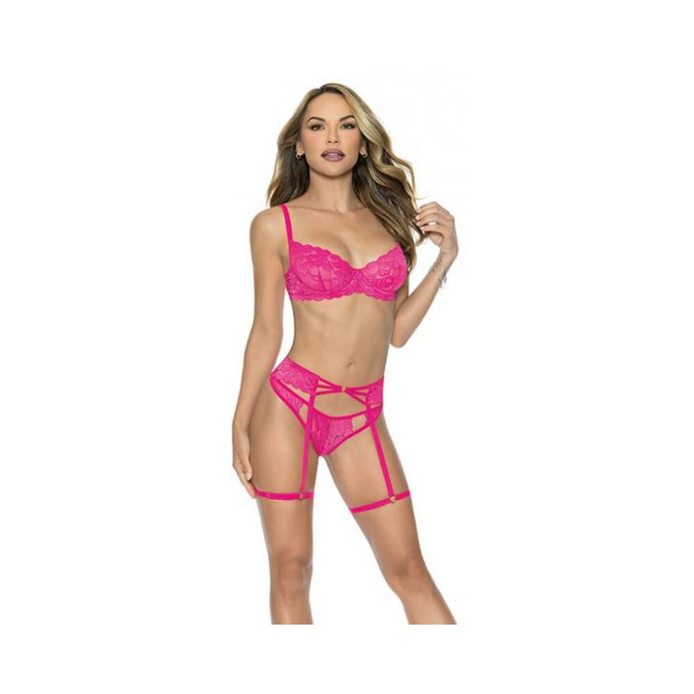Underwire Lace Bra, Garterbelt & G-string Pink Large