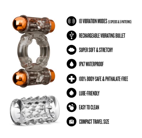 Stay Hard Vibrating Cock Ring Set W/sleeve and 2 Bullets