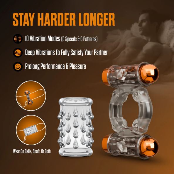 Stay Hard Vibrating Cock Ring Set W/sleeve and 2 Bullets