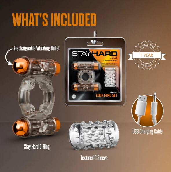 Stay Hard Vibrating Cock Ring Set W/sleeve and 2 Bullets