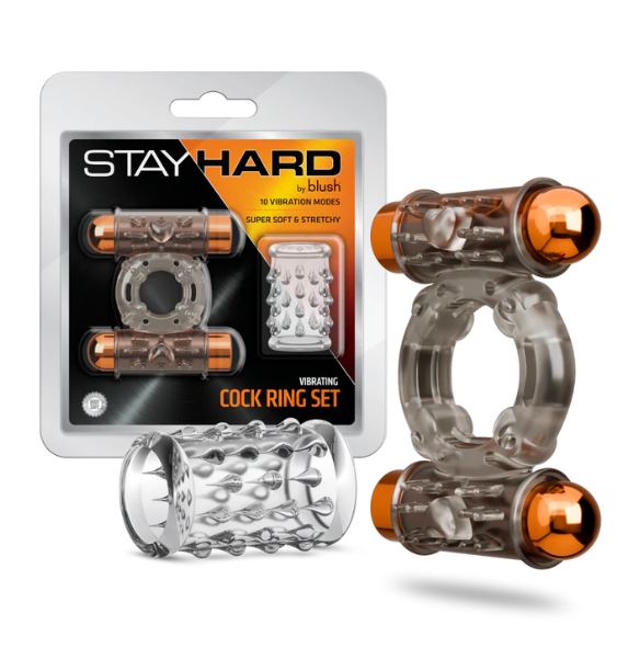Stay Hard Vibrating Cock Ring Set W/sleeve and 2 Bullets