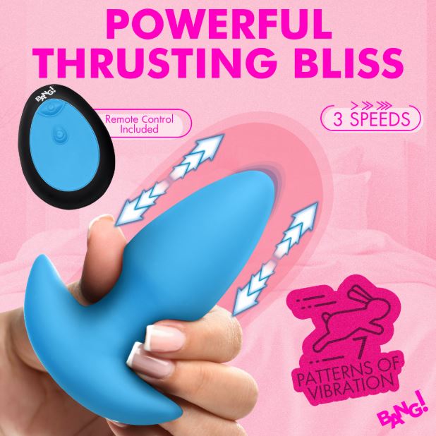 Thrusting and Vibrating Silicone Butt Plug - Blue