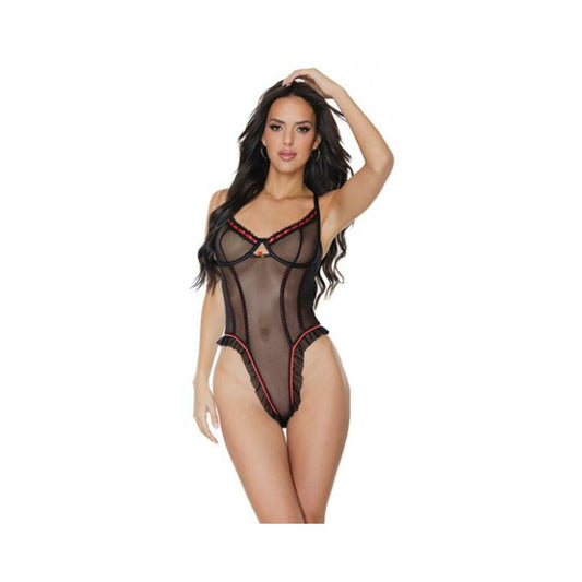 '=stretch Mesh Underwire Teddy W/ribbon Detail Black Medium