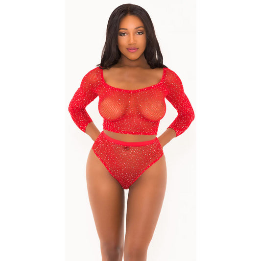 Rhinestone Crop Top With Matching Panty Red O/S