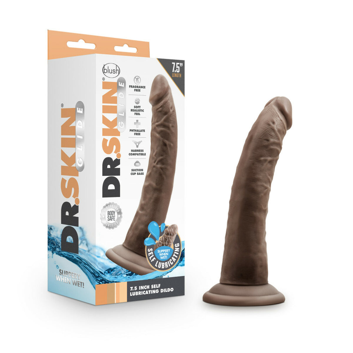 Dr. Skin Glide Self-lubricating Dildo 7.5 In. Chocolate