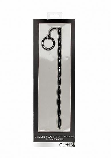 Silicone Plug & Cock Ring Set - Urethral Sounding - Black