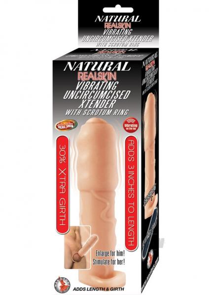 Natural Realskin Vibrating Uncircumcised Xtender W/ Scrotum Ring Flesh