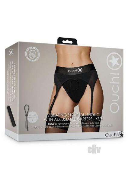 Shots Ouch Vibrating Strap On Thong W/adjustable Garters - Black Xs/s
