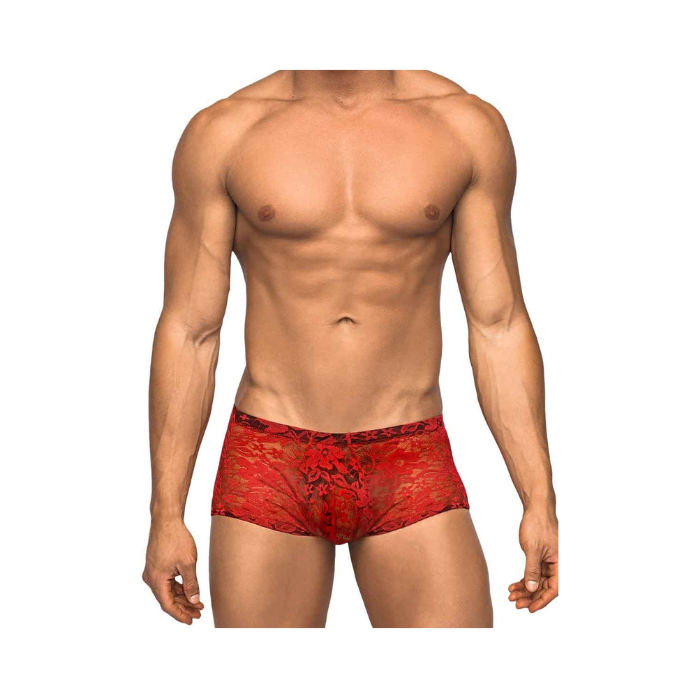 Male Power Stretch Lace Mini Short Red Medium