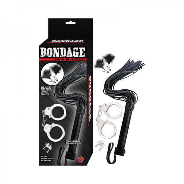 Bondage By Nasstoys Whip, Feather And Cuffs Black