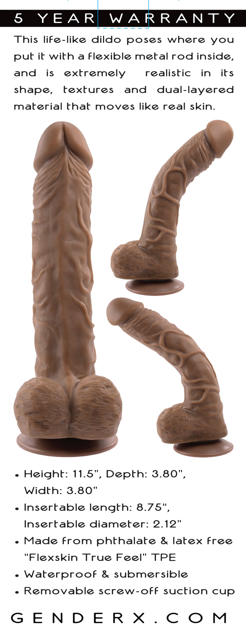 Gender X 10 In. Flexskin Poseable Truefeel Dildo Dark