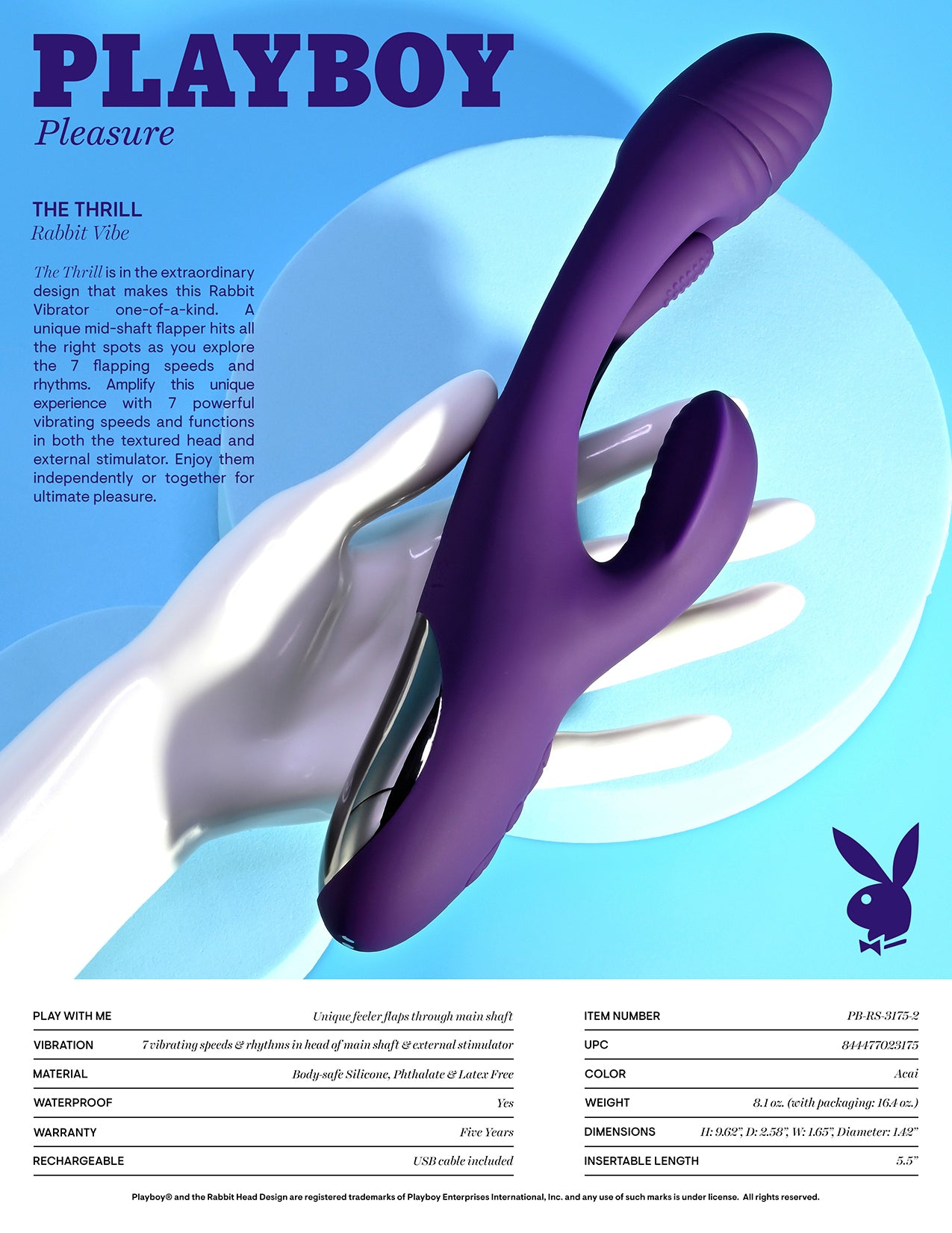 Playboy The Thrill Rechargeable Silicone Dual Stim Vibrator With Flapper Acai