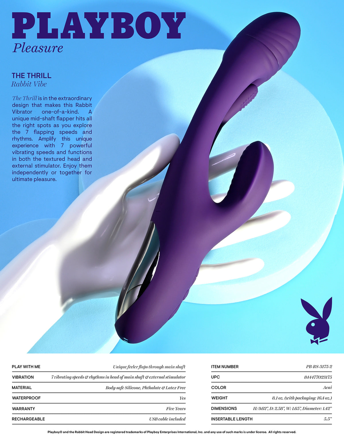 Playboy The Thrill Rechargeable Silicone Dual Stim Vibrator With Flapper Acai