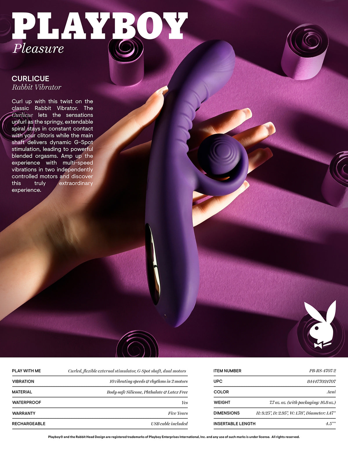 Playboy Curlicue Rechargeable Dual Stim Vibrator Silicone Acai