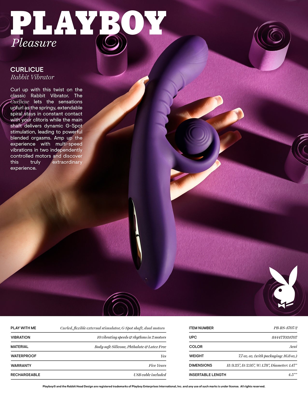 Playboy Curlicue Rechargeable Dual Stim Vibrator Silicone Acai