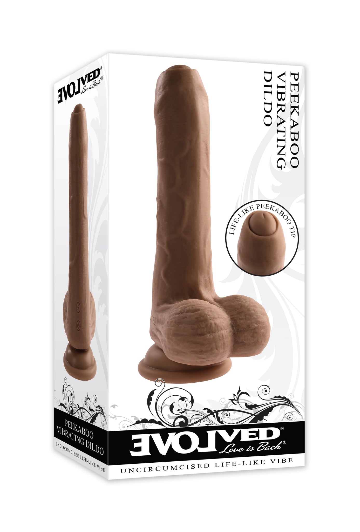 Evolved Peek A Boo Rechargeable Vibrating 8 In. Silicone Uncircumcised Dildo With Power Boost Dark
