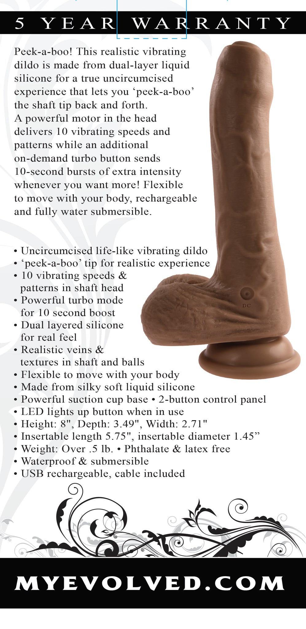 Evolved Peek A Boo Rechargeable Vibrating 8 In. Silicone Uncircumcised Dildo With Power Boost Dark