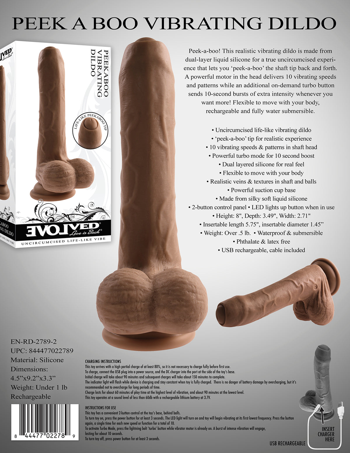 Evolved Peek A Boo Rechargeable Vibrating 8 In. Silicone Uncircumcised Dildo With Power Boost Dark