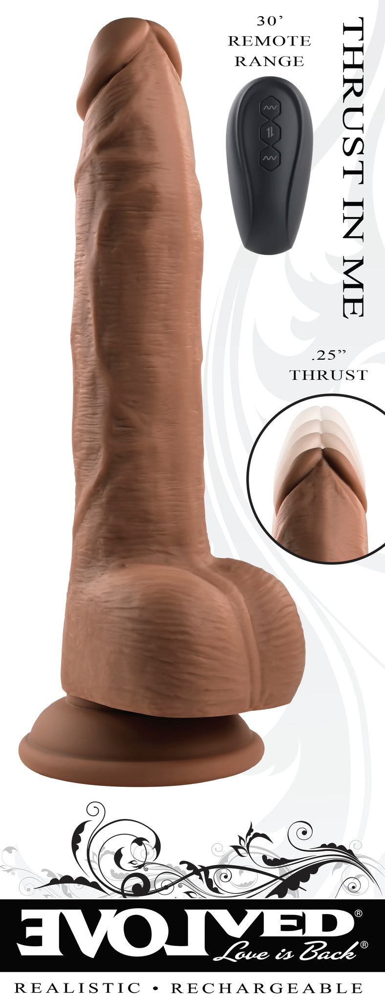 Evolved Thrust In Me Rechargeable Remote Controlled Thrusting Vibrating 9.25 In. Silicone Dildo Dark