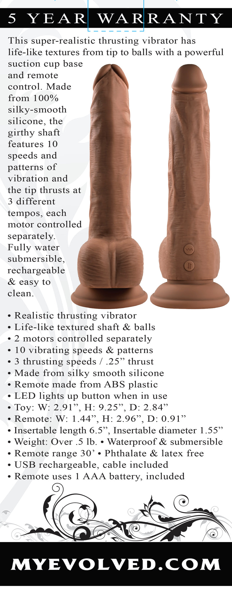 Evolved Thrust In Me Rechargeable Remote Controlled Thrusting Vibrating 9.25 In. Silicone Dildo Dark
