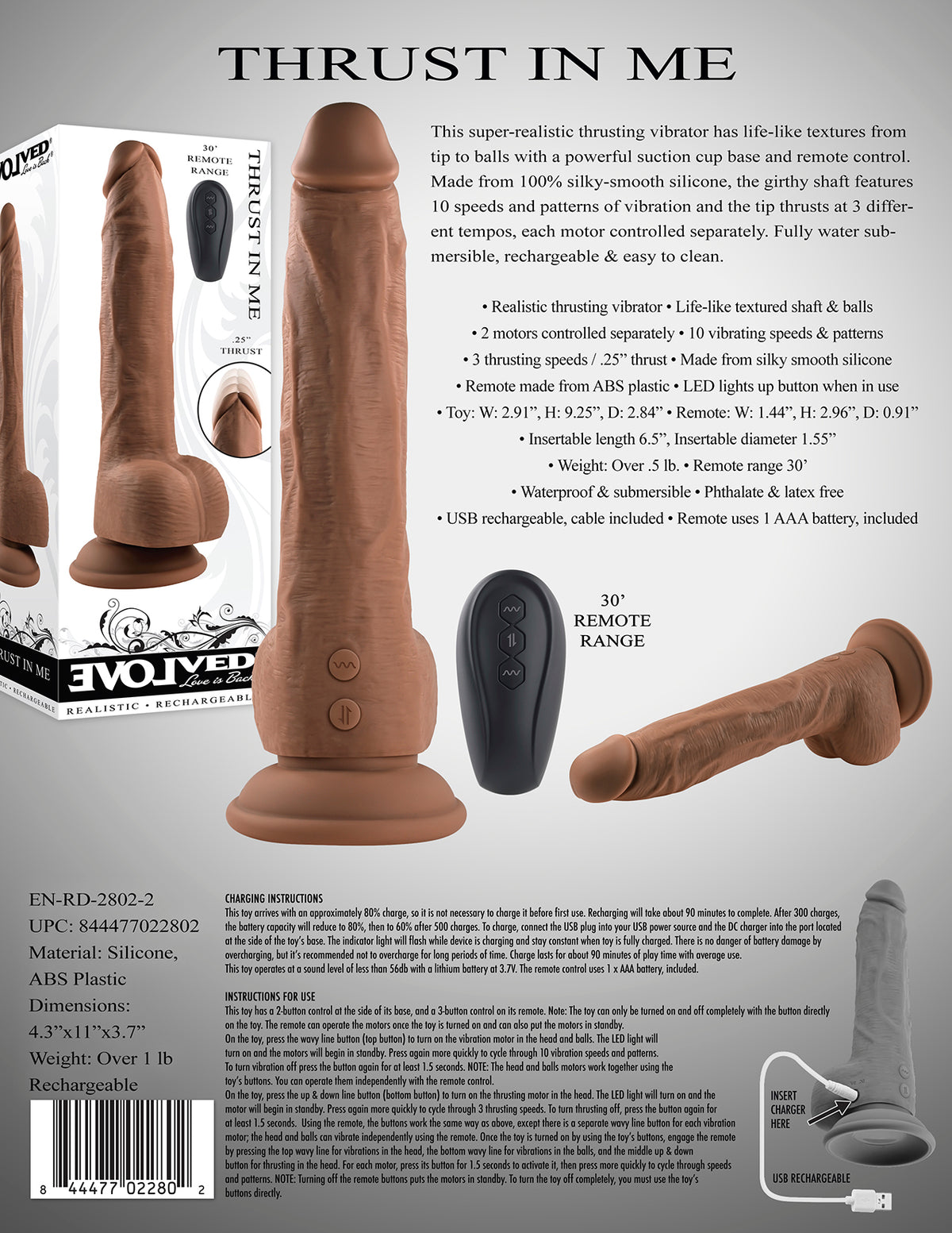 Evolved Thrust In Me Rechargeable Remote Controlled Thrusting Vibrating 9.25 In. Silicone Dildo Dark