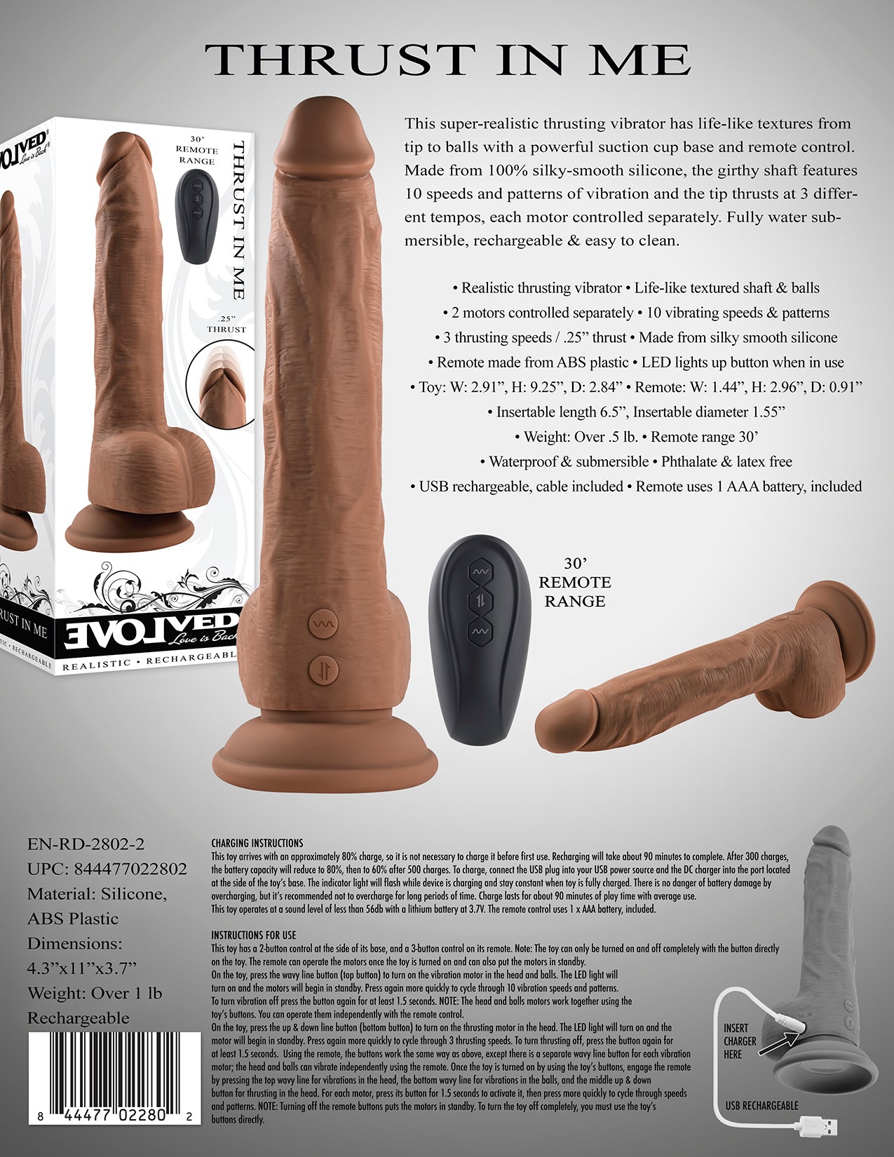 Evolved Thrust In Me Rechargeable Remote Controlled Thrusting Vibrating 9.25 In. Silicone Dildo Dark