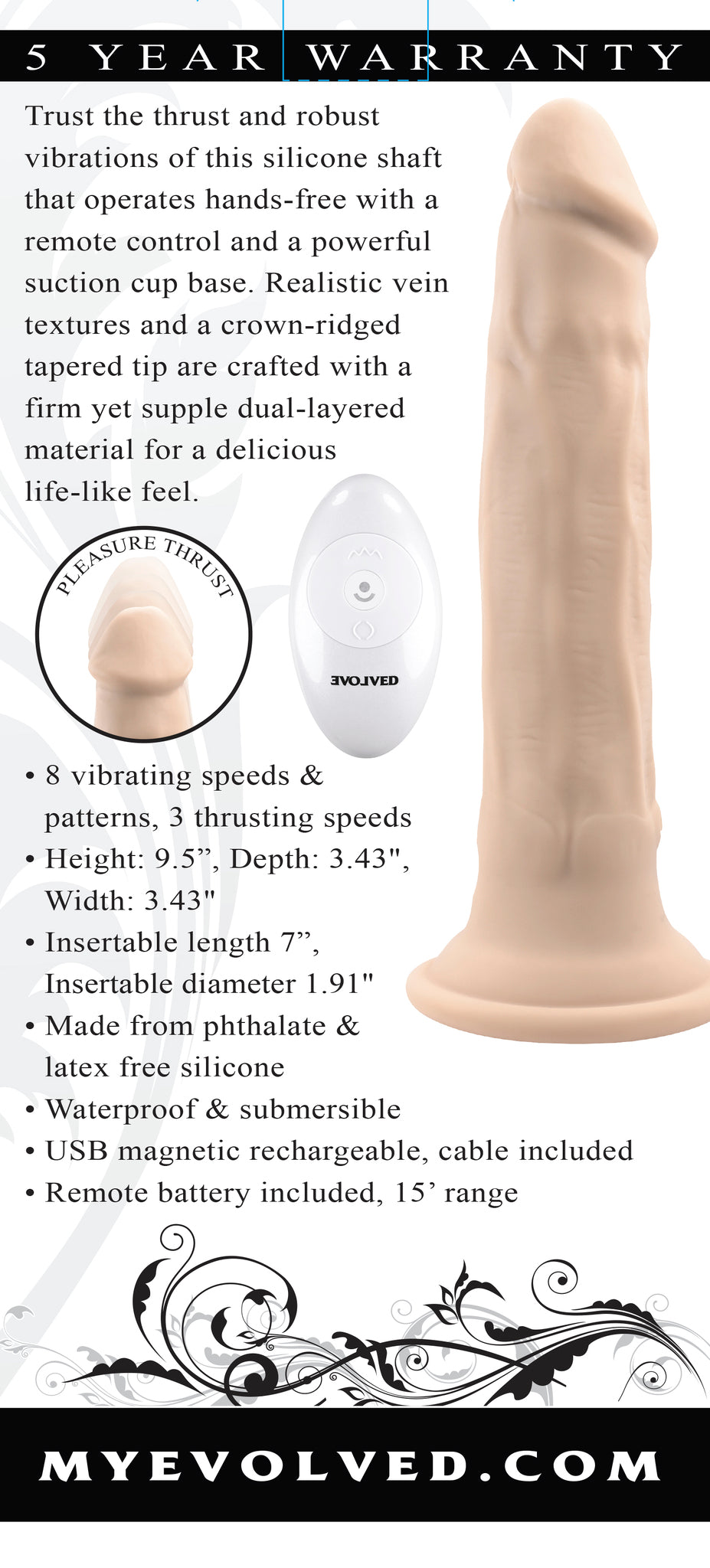 Evolved In Thrust We Trust Rechargeable Silicone Thrusting Vibrating Dildo With Remote Light