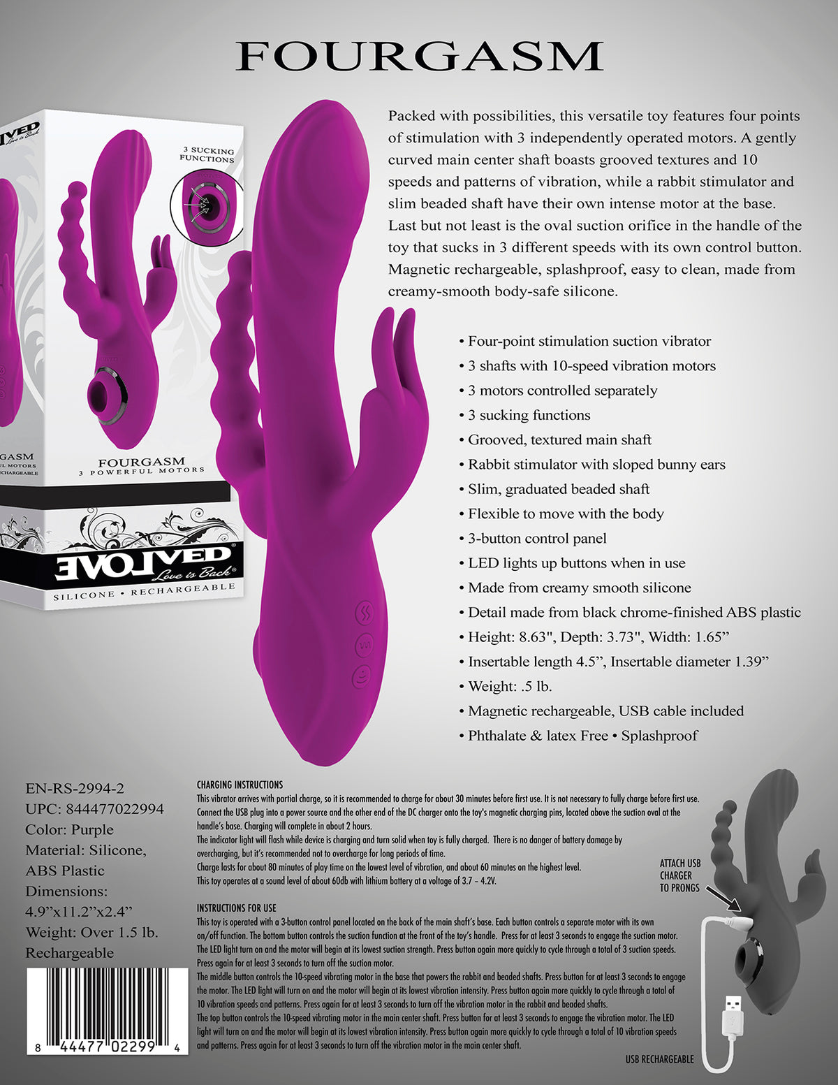 Evolved Fourgasm Rechargeable Triple Stim Vibe With Suction Silicone Purple