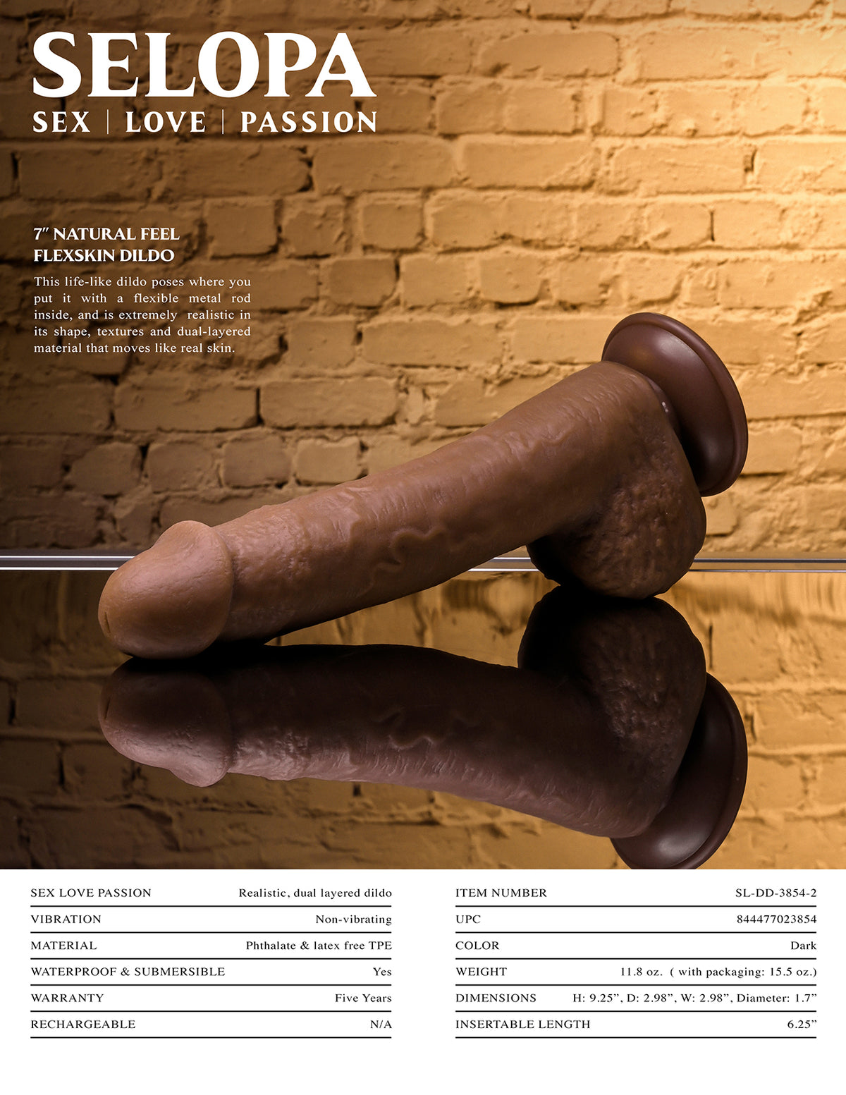 Selopa Natural Feel Flexskin Dildo Bendable With Moving Material 7 In. Dark